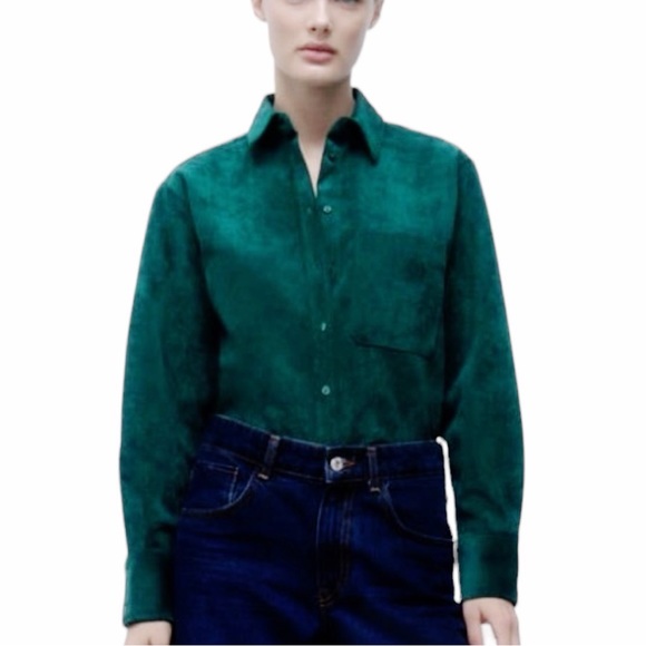 Zara Tops - Zara Green Fine Wale Corduroy Shirt Size M